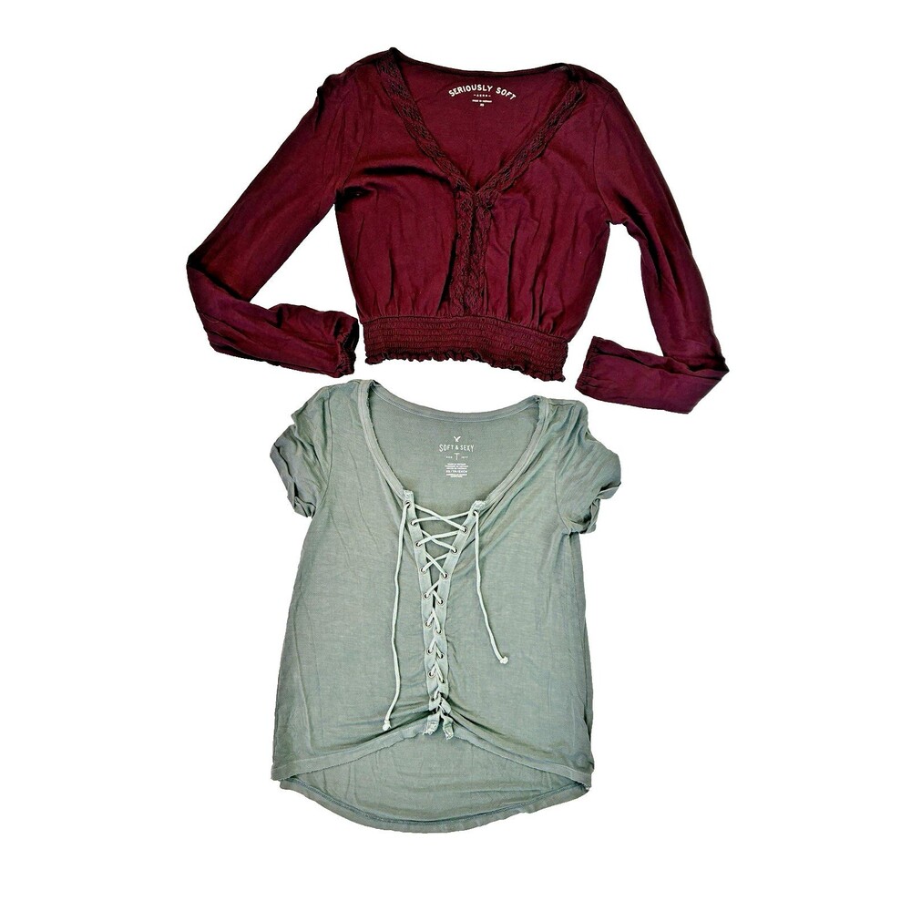 Lot/2 XS Tops AEO Gray Soft & Sexy Lace Up | AERO Soft Maroon Crochet LS Cropped